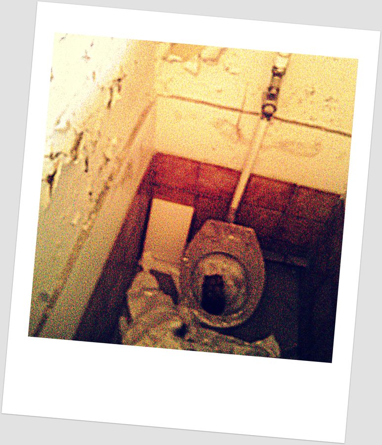 Angle de cellule photographié en polaroïd, sanitaire au sol.